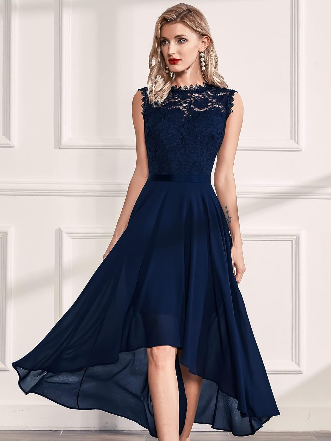 Women'S Formal Retro Lace Style Bridesmaid Maxi Dress (Medium, A-Navy Blue)