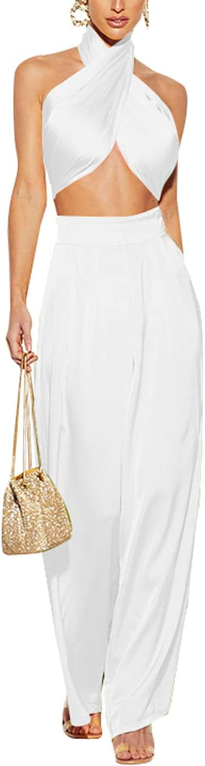 Summer Elegant Two Piece  for Women, Sexy Halter Criss Cross Crop Tops and Wide Leg Pants Sets Shiny Clubwear