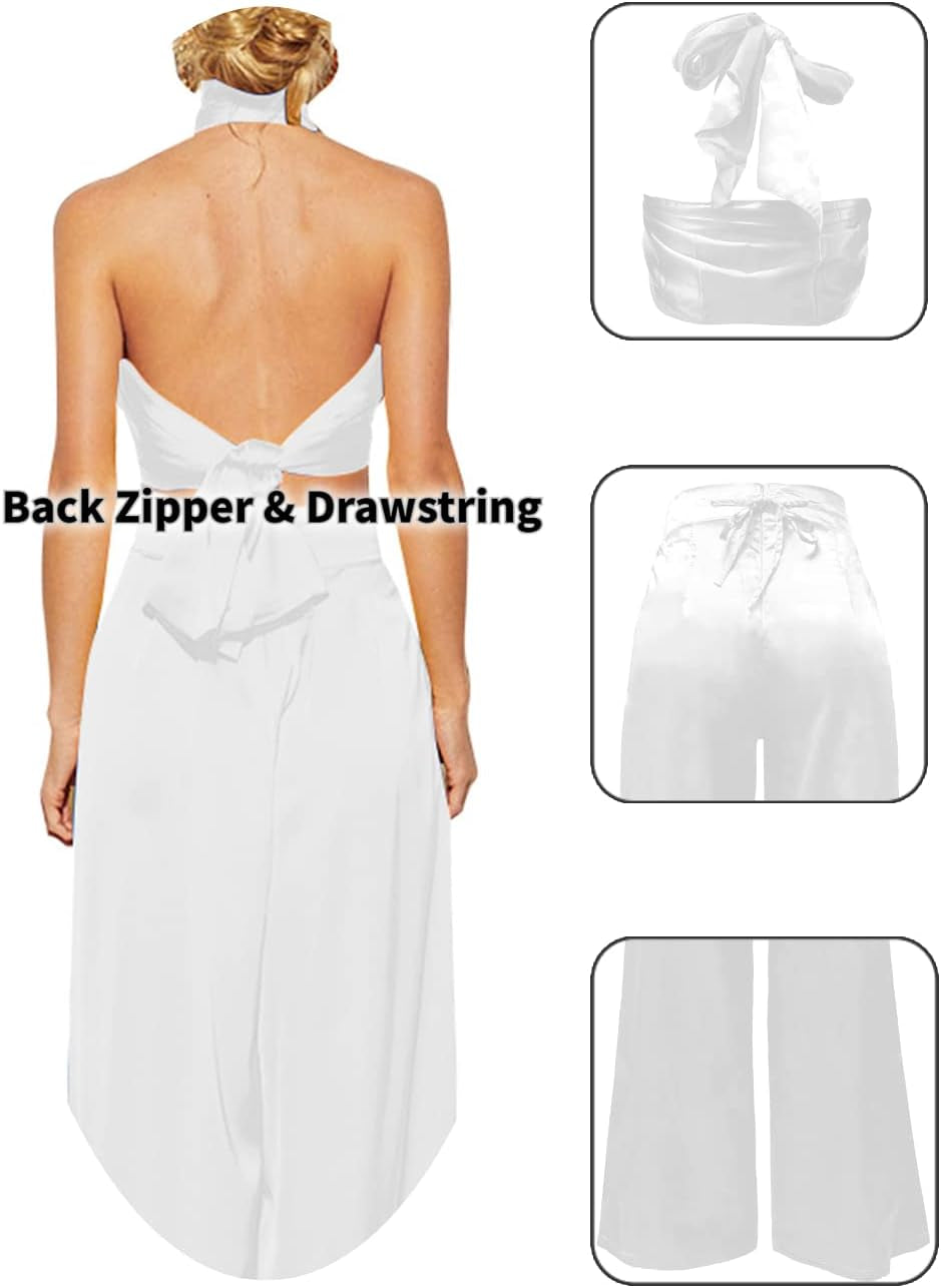 Summer Elegant Two Piece  for Women, Sexy Halter Criss Cross Crop Tops and Wide Leg Pants Sets Shiny Clubwear