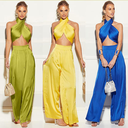 Summer Elegant Two Piece  for Women, Sexy Halter Criss Cross Crop Tops and Wide Leg Pants Sets Shiny Clubwear